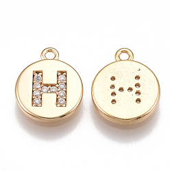 Letter H Brass Cubic Zirconia Charms, Flat Round with Letter, Nickel Free, Real 18K Gold Plated, Clear, Letter.H, 12x10x2mm, Hole: 1mm
