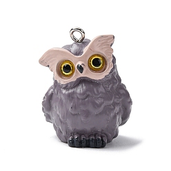 Серый Непрозрачные подвески смолы, очарование совы, с железной платиной петлей, серые, 30x23x21 мм, отверстие : 2 мм