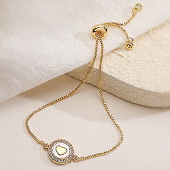 Сердце Браслеты из латуни с микропаве из прозрачных кубических цирконий и натуральных ракушек., Браслеты-слайдеры с цепочкой-коробочкой для женщин, плоско-круглые, реальный 18 k позолоченный, сердце, 5.91~11.81 дюйм (15~30 см)