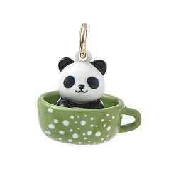 Black Spray Painted & UV Printed Brass Pendants, Cup with Panda Charms, Golden, Black, 16x18x15mm, Hole: 4mm