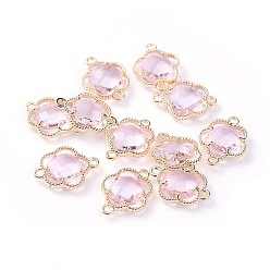Pink Соединители стеклянные ссылки, с фурнитурой Berzel с открытой спиной из экологически чистого сплава, граненые, цветок, золотой свет, розовые, 15.5x12x3 мм, отверстие : 1.4 мм