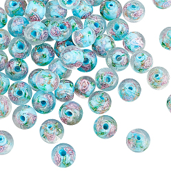 Светло-Голубой 60шт. бусины-лэмпворк ручной работы в форме ронделя с золотистым песком и внутренним цветком, светло-голубой, 10~11x8 мм, отверстие : 1.5~2 мм