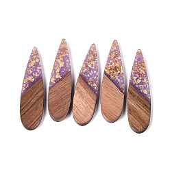 Средний Фиолетовый Подвески из непрозрачной смолы и орехового дерева, слезинки, с блестящей пудрой и золотой фольгой, средне фиолетовый, 52~53x13.5x3 мм, отверстие : 1.8 мм