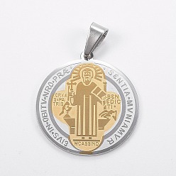 Золотой & Цвет Нержавеющей Стали Модные находки ожерелье два тона плоские круглые с Сан-Бенито 304 из нержавеющей стали кулоны, золотые и нержавеющая сталь цвет, 33x30x1.5 мм, отверстие : 6x4 мм