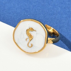 Белый 304 эмалированные открытые манжеты из нержавеющей стали для женщин, ионное покрытие (ip), золотые, плоские круглые с морской конек, белые, внутренний диаметр: 17 мм, плоско-круглые: 15x15.5 mm