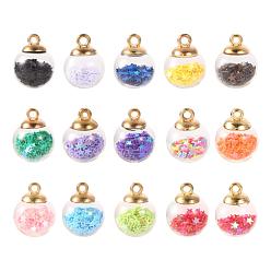 (52) Непрозрачная лаванда 45 шт 15 цвета подвески из стеклянных шариков, с блестками звездного блеска и позолоченными пластиковыми чашечками, круглые, разноцветные, 20.5x15 мм, отверстие: 2.5 мм, 3pcs / цвет