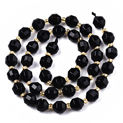Black Natural Agate Beads Strands, Faceted, with Seed Beads, Dyed, Round, Black, 8x7.5mm, Hole: 1.2mm, Beads: 3.5x2mm, about 34pcs/strand, 15.35 inch(39cm)