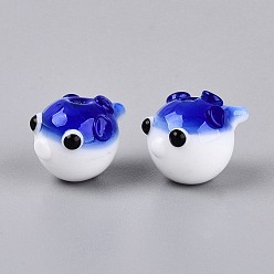 Blue Handmade Lampwork Beads, Puffer, Blue, 12~14x12~14x16~18mm, Hole: 1.2~1.5mm
