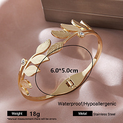 Leaf 304 Stainless Steel Crystal Rhinestone Hinged Cuff Bangles for Women, Golden, Leaf, Inner Diameter: 2.36 inch(6cm)