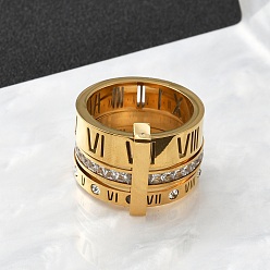 Настоящее золото 18K 304 Кольца из нержавеющей стали с кубическим цирконием для женщин и мужчин, римские цифры, ионное покрытие (ip), реальный 18 k позолоченный, 12.5~16.5 мм, внутренний диаметр: 18 мм