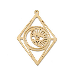 Golden Brass Pendants, Rhombus with Moon & Eye, Golden, 42x27.5x0.5mm, Hole: 1.4mm