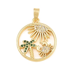 Green Summer Brass Micro Pave Cubic Zirconia Pendants, Flat Round with Coconut Tree & Turtle & Sun Charms, Golden, Green, 20.5x18x3mm, Hole: 5x2mm