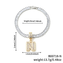 Letter N Модные латунные браслеты с подвесками из прозрачных кубических цирконий с микропаве, теннисные браслеты со стразами для женщин, буквы, Письмо N, 7-1/2 дюйм (19 см)