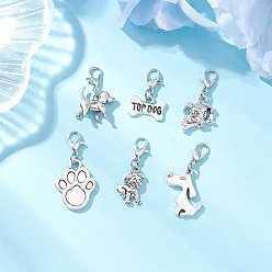 Античное Серебро 6 шт. подвесные украшения из сплава в тибетском стиле, собака, Сплав с застежками когтя омара, античное серебро, 24~34.5 мм