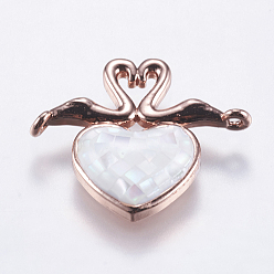 Mixed Color White Shell Links connectors, with Brass Findings, Swan with Heart, Mixed Color, 20x23x3~4mm, Hole: 1mm