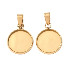 Real 18K Gold Plated 304 Stainless Steel Pendant Cabochon Settings, Flat Round Charms, Ion Plating(IP), Real 18K Gold Plated, Tray: 14mm, 19.5x15.5x2mm, Hole: 6x3.5mm