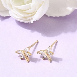 Dragonfly Серьги-гвоздики из латунного микро-паве, без кадмия и без свинца, долговечный, стойки покрытие, стрекоза, 7x9.5 мм