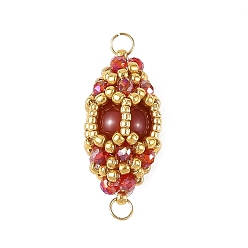 Ágata Roja Dijes conectores de cornalina natural y cuentas de vidrio, enlaces ovales, 25x13.5x12 mm, agujero: 3 mm