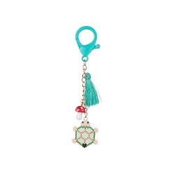 Colorful Tortoise Handmade Loom Pattern Seed Beads Pendant Decorations, with Lampwork Mushroom and Tassel Charms, Lobster Claw Clasp, Colorful, 116mm