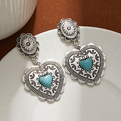 Темно-бирюзовый Висячие серьги-гвоздики из сплава и синтетической бирюзы, античное серебро, темные бирюзовый, 55x32 мм