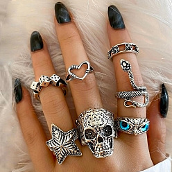 Античное Серебро Набор колец из ретро сплава и смолы, включают кольца для пальцев/манжеты, череп/морская звезда/сердце/сова, античное серебро, внутренний диаметр: 15~19 мм