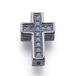 Gunmetal Brass Micro Pave Cubic Zirconia Beads, Lead Free & Cadmium Free, Cross, Light Sky Blue, Gunmetal, 11.5x8x5.5mm, Hole: 1mm and 2x5mm