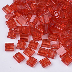 Red 2-Hole Baking Paint Transparent Glass Seed Beads, Rectangle, Red, 5x4.5~5.5x2~2.5mm, Hole: 0.5~0.8mm
