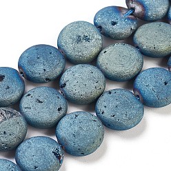 Blue Plated Electroplated Natural Quartz Crystal Beads Strands, Druzy Geode Crystals, Flat Round, Blue Plated, 11.5~12.5x5mm, Hole: 1.2mm, about 16pcs/strand, 7.59 inch(19.5cm)