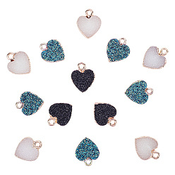 Mixed Color Electroplate Druzy Resin Pendants, with Light Gold Plated Iron Loop, Heart , Mixed Color, 15x12x3.5~4mm, Hole: 1mm, 15pcs/Box