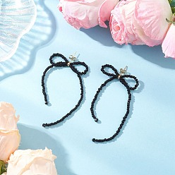 Черный Серьги-гвоздики с бантиками из стеклянных бусин ручной работы, золотые, чёрные, 85x38 мм