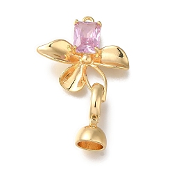 Real 18K Gold Plated Brass Fold Over Clasps, Micro Pave Pink Cubic Zirconia, Cadmium Free & Nickel Free & Lead Free, Flower, Real 18K Gold Plated, 33mm