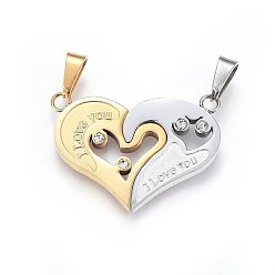 Goldenen und Edelstahl Farbe 304 Stahl Split-Anhänger Edelstahl, mit Strass, Herz mit Wort ich liebe dich, für den Valentinstag, goldenen und Edelstahl Farbe, 23x32x3 mm, Loch: 10x5 mm, eine Seite: 23x20x3 mm, andere Seite: 23x18x3 mm