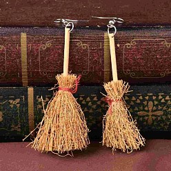 Сэнди Коричневый Серьги-подвески из дерева в виде метлы на Хэллоуин, платина, песчаный коричневый, 83x25 мм