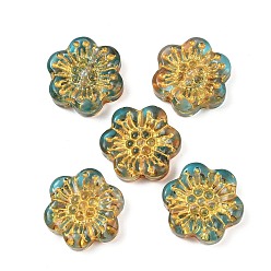 Темный Голубой Краска для выпечки и стеклянные бусины, инкрустированные золотым металлом, цветок, темные голубые, 17x18.5x5.5 мм, отверстие : 1.2 мм