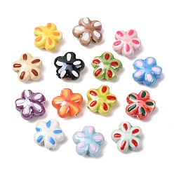 Mixed Color Five Petal Flower Bright Glazed Porcelain Beads, Hand Painted Floral Ceramic Beads, Mixed Color, 11x11.5x5.3mm, Hole: 2mm