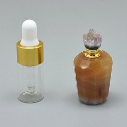 Natural Agate Faceted Natural Agate Openable Perfume Bottle Pendants, with Brass Findings and Glass Essential Oil Bottles, 40~48x21~25mm, Hole: 1.2mm, Glass Bottle Capacity: 3ml(0.101 fl. oz), Gemstone Capacity: 1ml(0.03 fl. oz)