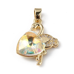 Прозрачный АВ Настоящие позолоченные подвески из латуни с микропаве из прозрачного кубического циркония, со стеклом, долговечный, без кадмия и без свинца, фламинго с сердечком, ясно AB, 18 мм, отверстие : 24x19x8 мм