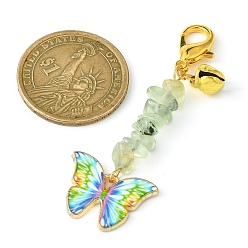 Prehnite Alloy Enamel Butterfly Pendant Decoration, Natural Prehnite Chips and Lobster Claw Clasps Charms, 64mm