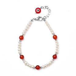 Carnelian Natural Red Agate/Carnelian(Dyed & Heated)(Dyed) Beaded Bracelets, with Evil Eye Lampwork Beads, Natural Pearl Beads, Brass Beads and 304 Stainless Steel Lobster Claw Clasps, 7-7/8 inch(20cm)