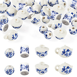 Blue 32Pcs 4 Styles Handmade Porcelain Beads, Bright Glazed Porcelain, Blue, 9.5~18x8.5~18x8.5~13mm, Hole: 2~3mm, 8pcs/style