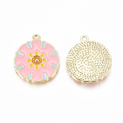 Golden Alloy Enamel Pendants, Baroque Style, Flat Round with Flower, Pink, Golden, 22.5x19.5x2mm, Hole: 1.8mm