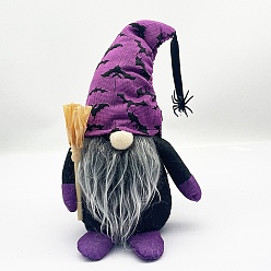Purple Cloth Gnome with Spider/Bat Sculpture Ornament, for Halloween Home Party Decoration, Purple, 150x100x230mm