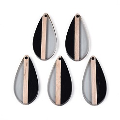 Черный Прозрачные подвески из смолы и дерева, слеза, два тона, чёрные, 38x18x3.2~3.5 мм, отверстие : 2 мм