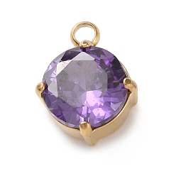 Лиловый 304 микро нержавеющей стали прокладывать Цирконом подвески, плоские круглые прелести, сирень, 10.5x8x4.5 мм, отверстие : 1.8 мм