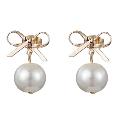 Golden Brass Bowknot Dangle Stud Earrings, with Shell Pearl for Women, Golden, 20x14mm