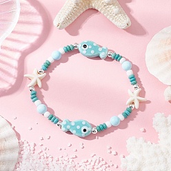 Fish Синтетическая бирюза и фарфор и окрашенные натуральные бусины говлита эластичные браслеты для женщин, с Гальваническим немагнитных синтетическими гематита бисера, рыба, внутренний диаметр: 2-1/8 дюйм (5.5 см), рыбы: 19.5x11x6.5 mm