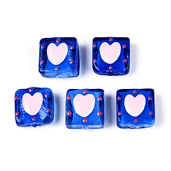 Синий Ручной спрей окрашены бусины бисера, Эмаль стиле, квадрат и сердце, синие, 15~16.5x14.5~15.5x7~9.5 мм, отверстие : 1.2~1.6 мм