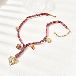 Золотой 304 Женские ожерелья с подвеской в виде сердца из нержавеющей стали и стеклянного листа с цветком, полиэстеровым шнуром и принтом, огнеупорный кирпич, золотые, 16.34 дюйм (41.5 см)