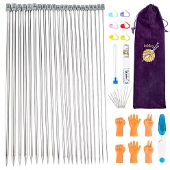 Mixed Color Knitting Tool Set, with Single Pointed Stainless Sweater Needles, Scissor, Knitting Stitch Markers, Measure Tape, Needles Point Protectors, Tube and Large-eye Blunt Needles, Flannelette Bag, Mixed Color, 425x125mm