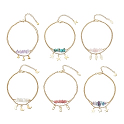 Смешанные камни 304 из нержавеющей стали сандалеты очарование, с синтетической бирюзой, натуральным аметистом, лунным камнем, флюоритом, розовым кварцем и крошками родохрозита, 22.7x0.15 см, 6 шт / комплект